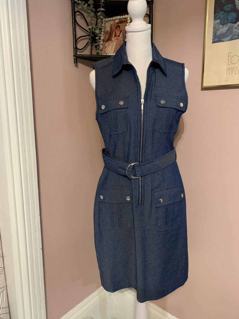 Sharagano Blue Denim Zip-Front Dress spring sleeveless classic essential
